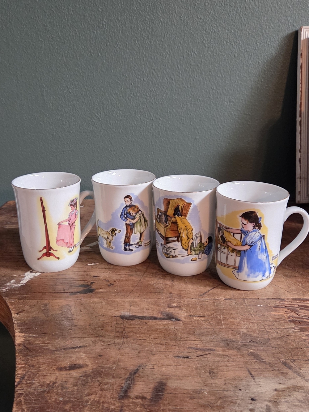 Norman Rockwell White Mugs with Colorful Storybook Illustrations - Set of 4